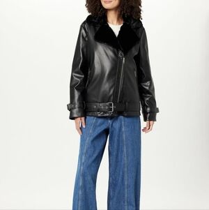The Drop Faux Fur And Faux Leather Bomber NWT Black Size XS